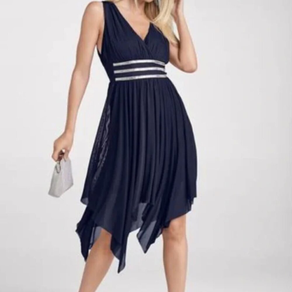 Venus Navy Blue Embellished Trim Special Occasion Asymmetrical Dress Size L